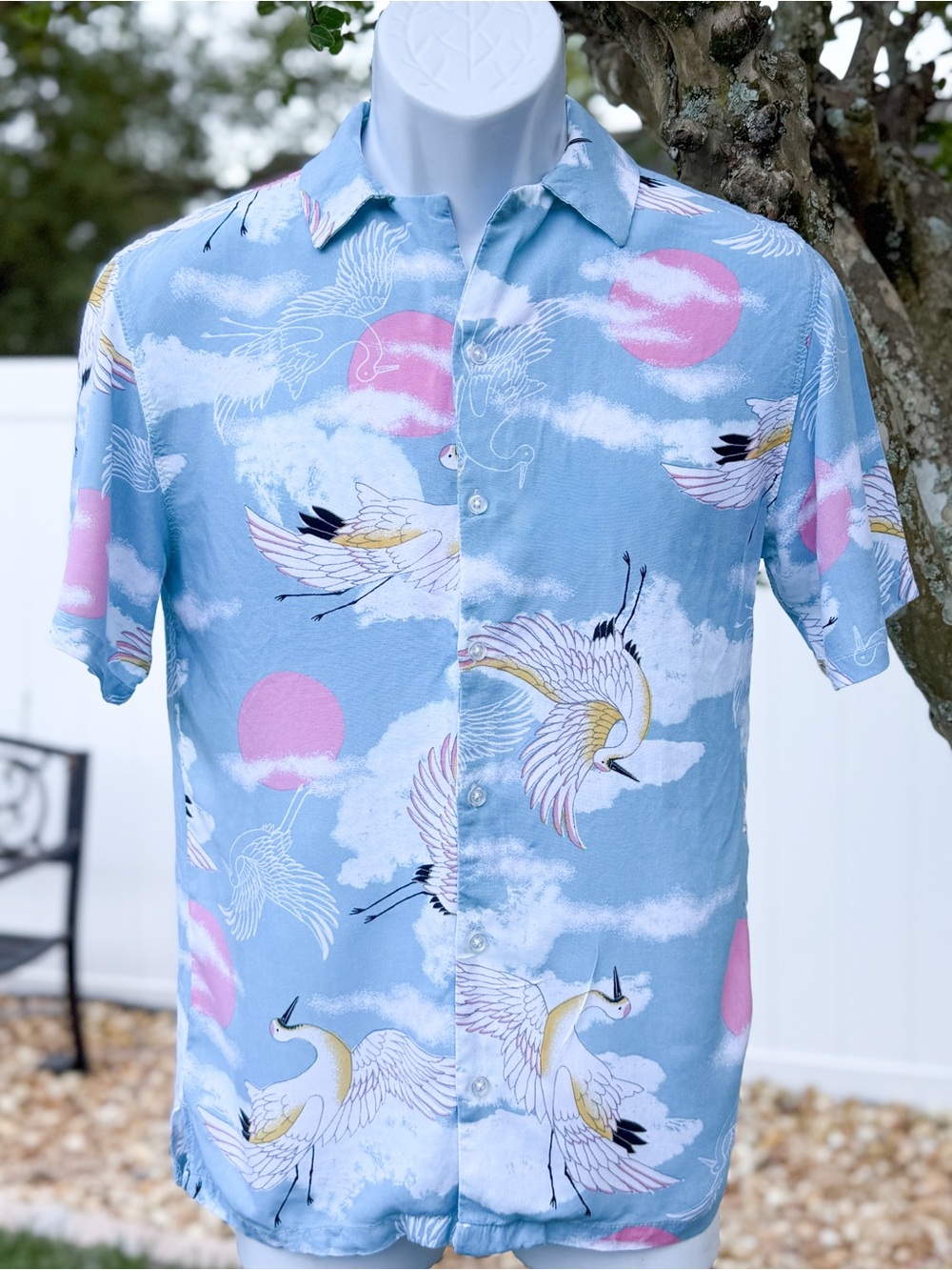 No Boundaries Crane Print Resort Shirt Y2K Pastel Sky Button Up XS